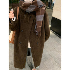 cold weather outfits Winter Lamb Wool Long Coat Coat Women's Loose round Neck Thickened Double Breasted Korean Style Warm Fur Integrated