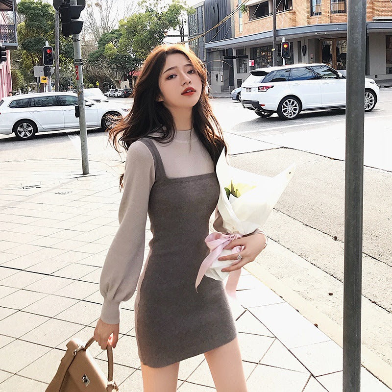 church outfit Autumn and Winter New Korean Gentle Style Fake Two-Piece Temperament Slimming Inner Base Strap Knitted Dress