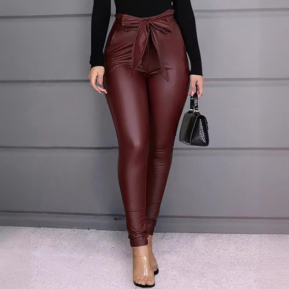 business casual women outfits chic Women's Fashion Casual Pu Pants Leather Pants (Including Belt)