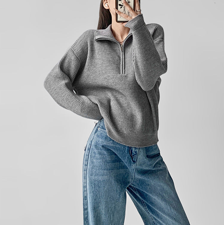 game outfit woman Autumn and Winter Half Zipper Sweater Women's Pullover High-Grade Loose Lazy Style Solid Color Knitted Lapel Top