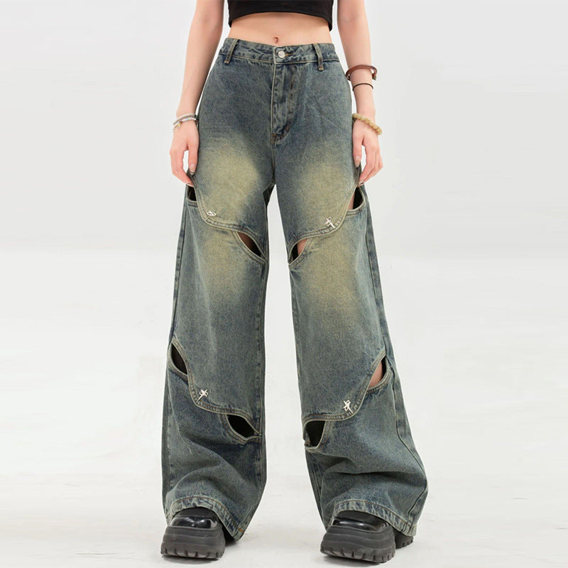 going out outfits Niche Deconstructing Wide-Leg Jeans Women's American High Street Hollow Mop Pants Retro Long Pants Fashion