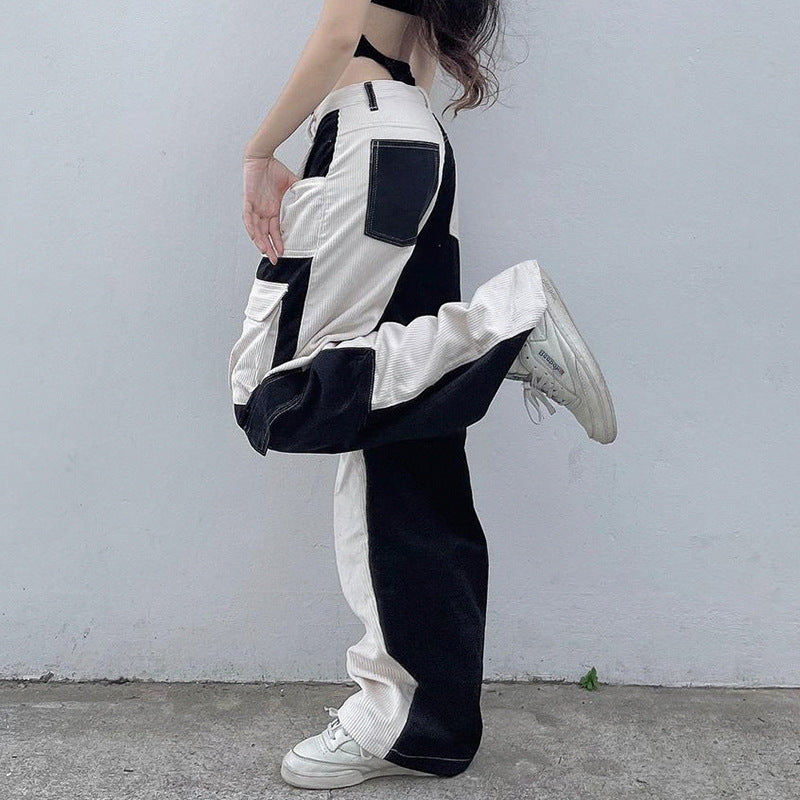 y2k outfits American Sports Street Contrast Color High Waist Corduroy Trousers 2024 Spring and Summer New Multi-Pocket Straight Wide Leg Workwear
