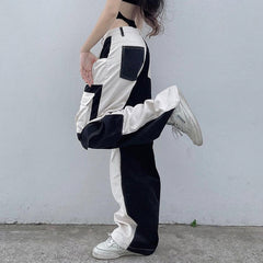 y2k outfits American Sports Street Contrast Color High Waist Corduroy Trousers 2024 Spring and Summer New Multi-Pocket Straight Wide Leg Workwear