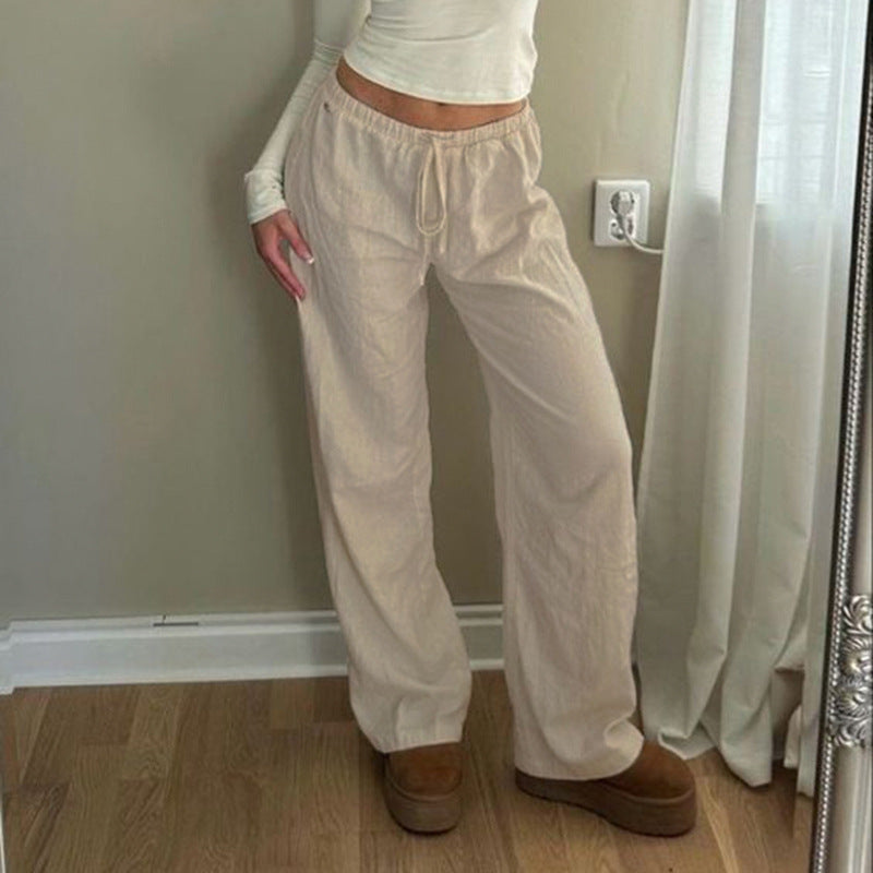 Bxoxo Cotton Linen White Pants Basic Drawstring Low Waist Wide Leg Pants Casual Y2K Clothes For Summer Trousers