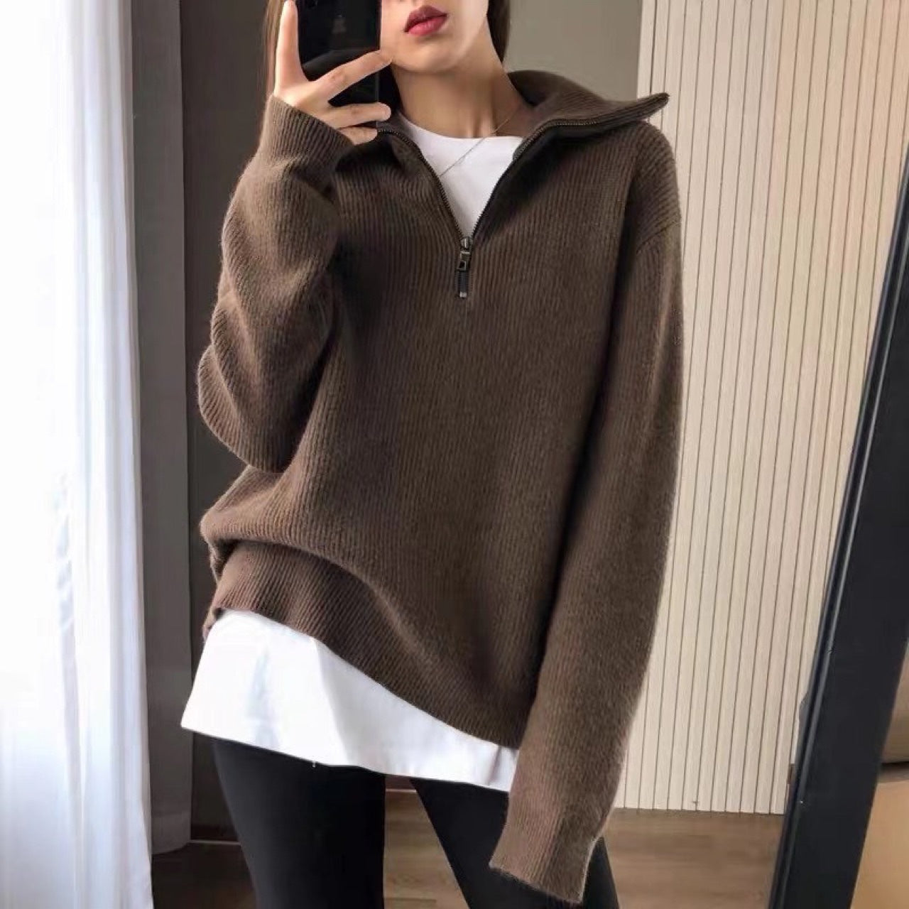 game outfit woman Korean Style Retro Thick Zipper Half Open Large Lapel Sweater Women's Autumn and Winter Western Style Pullover Sweater Loose Coat Fashion