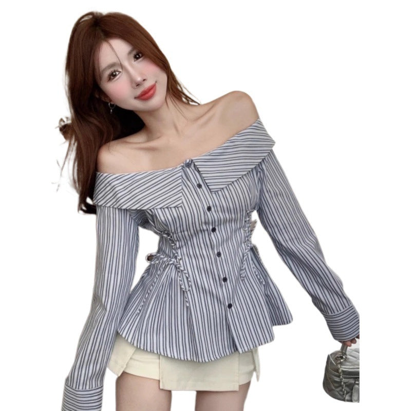 dresses Hot Girl Style Striped Shirt Girls' Spring and Autumn off-Neck Slim Waist Shirt Chic Lace-up Long Sleeve T-shirt Shirt