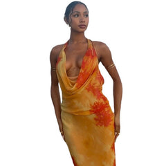cybergoth dress to impress Style Sexy Swing Collar Halter Dress Printed Sleeveless Wrapped Chest Pullover Backless Mid-Waist A- line Dress for Women Dress