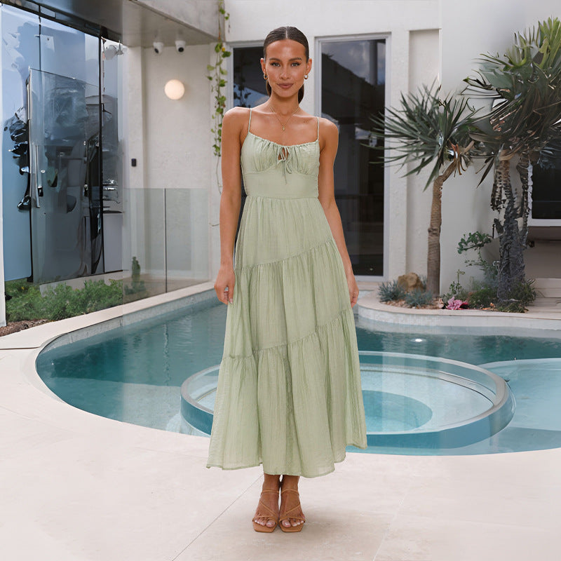 church outfit Women's Stitching Strap Long Backless Lace-up Large Swing Dress with Lining