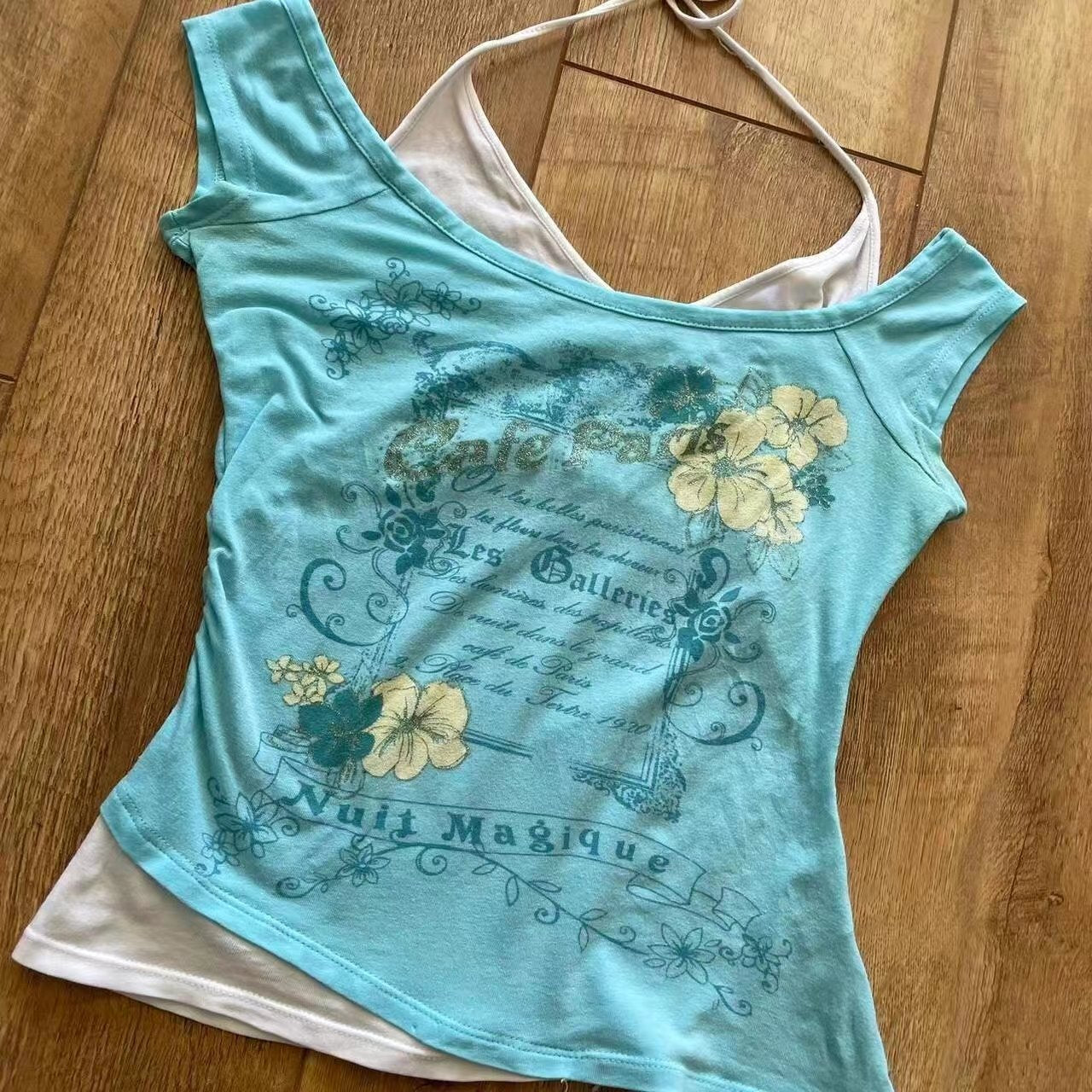 fashion outfits Feishi Style Retro Vintage Halter Fake Two-Piece Short-Sleeved T-shirt Mid-Ancient Summer Short Top