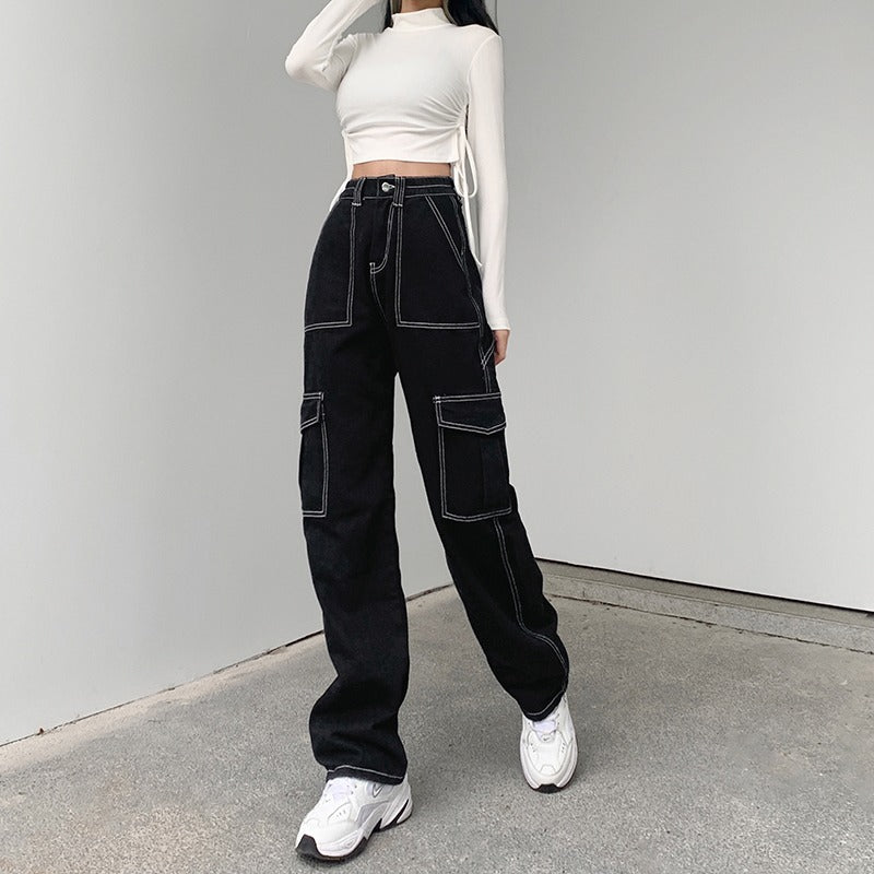 black sweater dress outfit High Waist Super Slimming Bright Line Air Jeans Women's Loose Street Casual Style Wide Leg Overalls Fashion