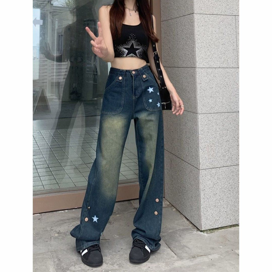 shamar Star Straight Jeans American Retro High Waist Slimming Trendy Fashionable Mopping Wide Leg Pants for Women