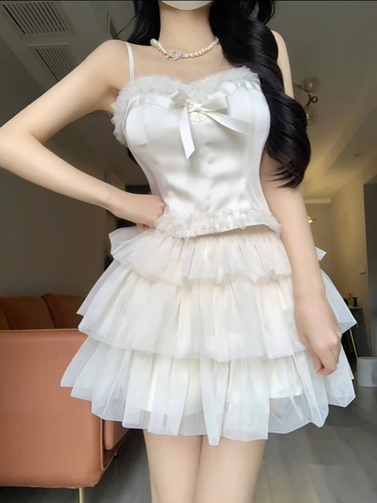 BXOXO Chic 2 Pieces White Top and Bottom Skirt Tulle Party Dress Birthday Dresses Birthday Outfits HOT1243