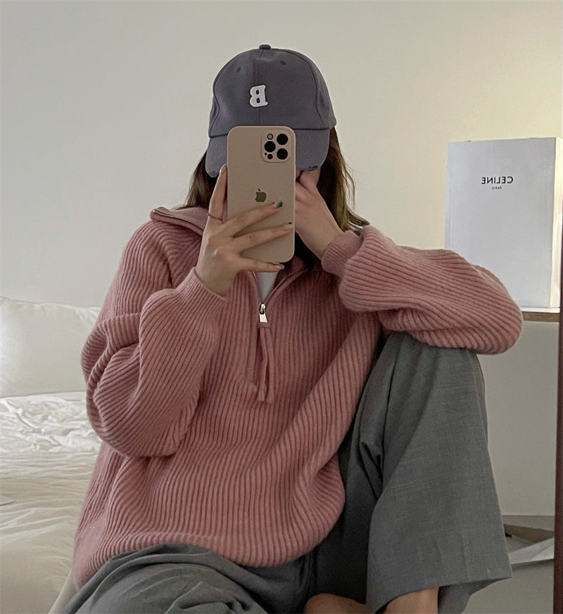 clothes Korean Style Half Zipper Sweater Women's Autumn and Winter New Style Pit Design Sense Stand Collar Soft Glutinous Loose Outer Wear Sweater Top