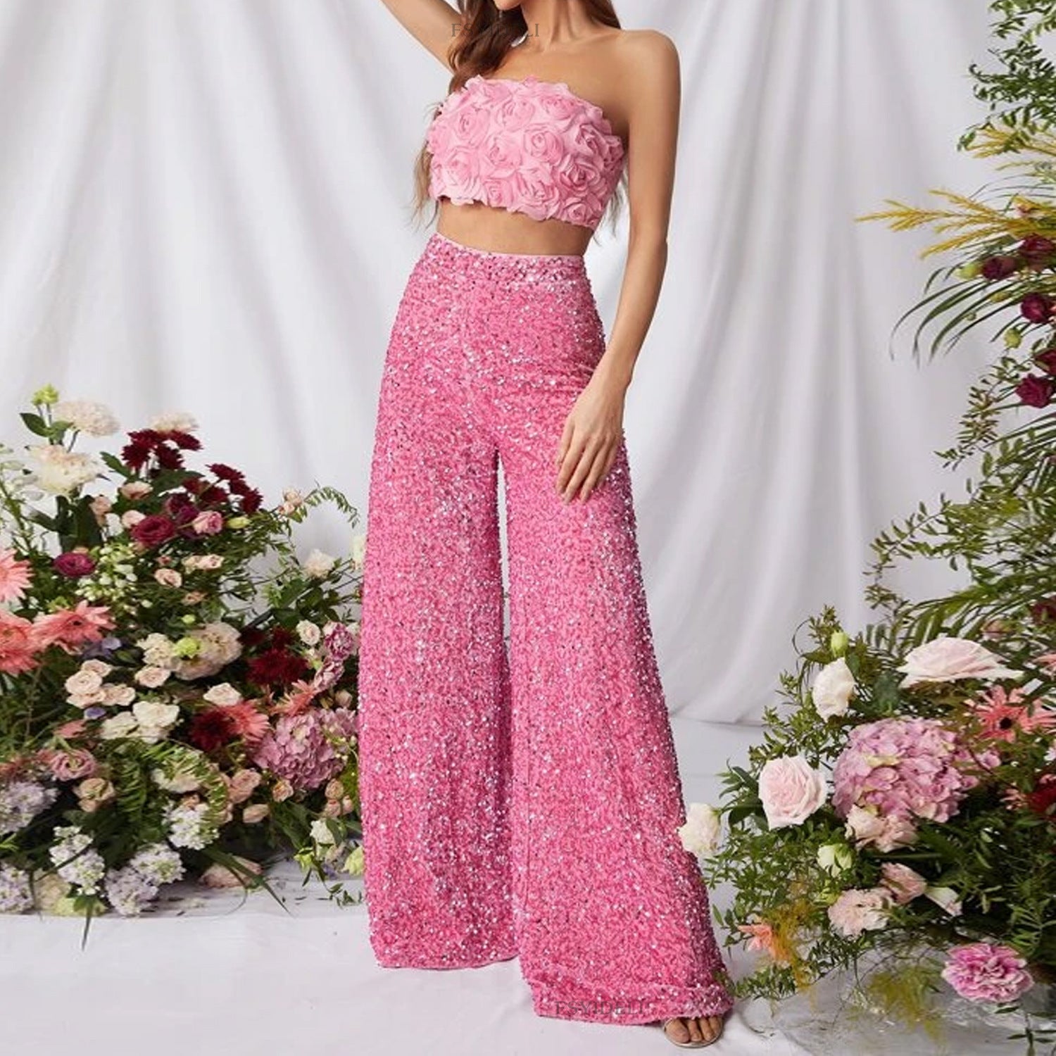 Summer High Waist Slimming Trousers Women Solid Color Sequins Fashion Casual Wide Leg Pants Women