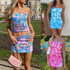 hoco dresses Spring and Summer New Tube Top Short Skirt Women's Clothing Suit Sexy Flower Pattern Waist Top Hip Skirt Suit