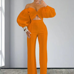 outfit Summer and Autumn Fashion Sexy off-Shoulder Slim Temperament Wrapped Chest Top High Waist Trousers Suit