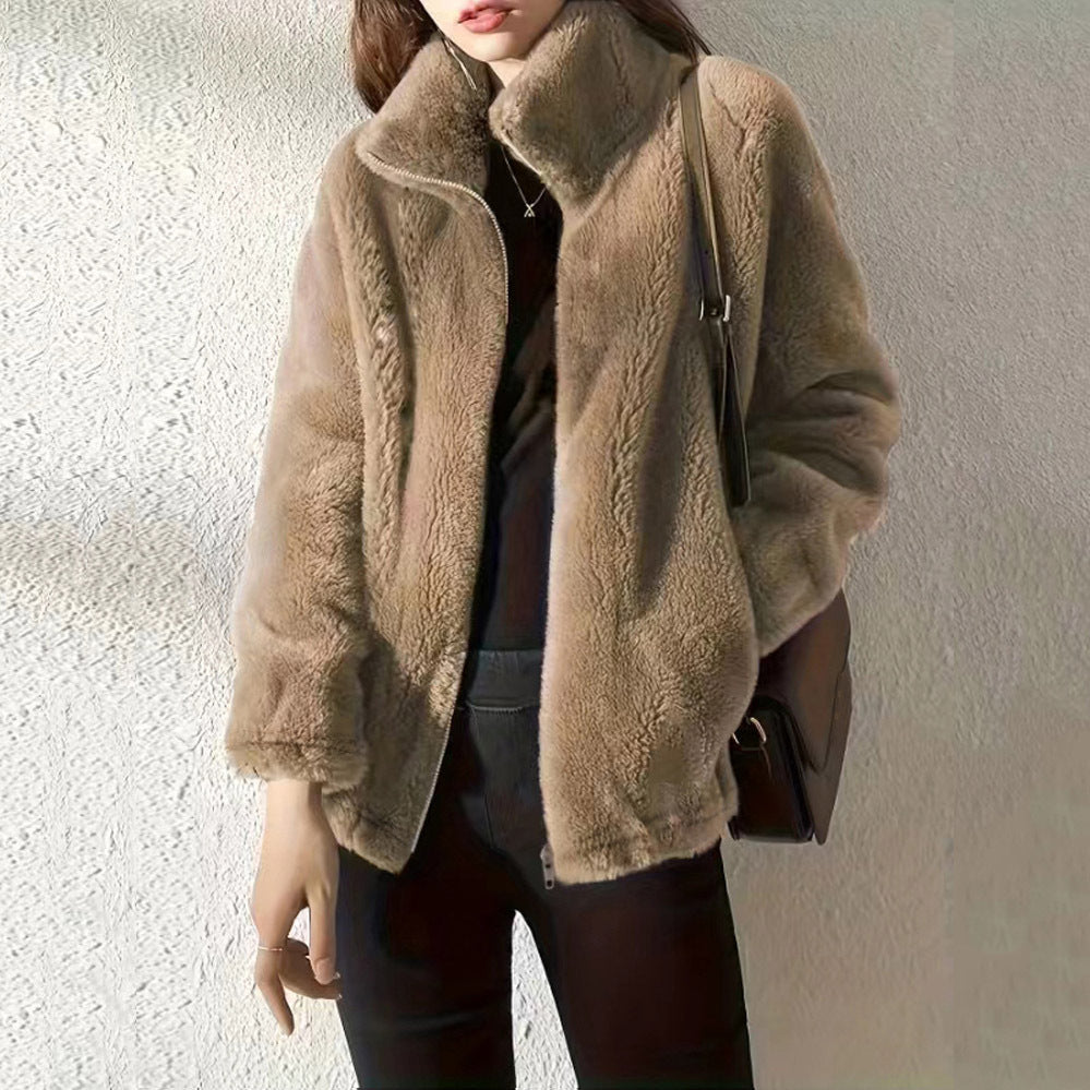 Autumn and Winter New Plush Casual Coat Thickened Fashion Loose Long-Sleeved Top Women's Black Brown