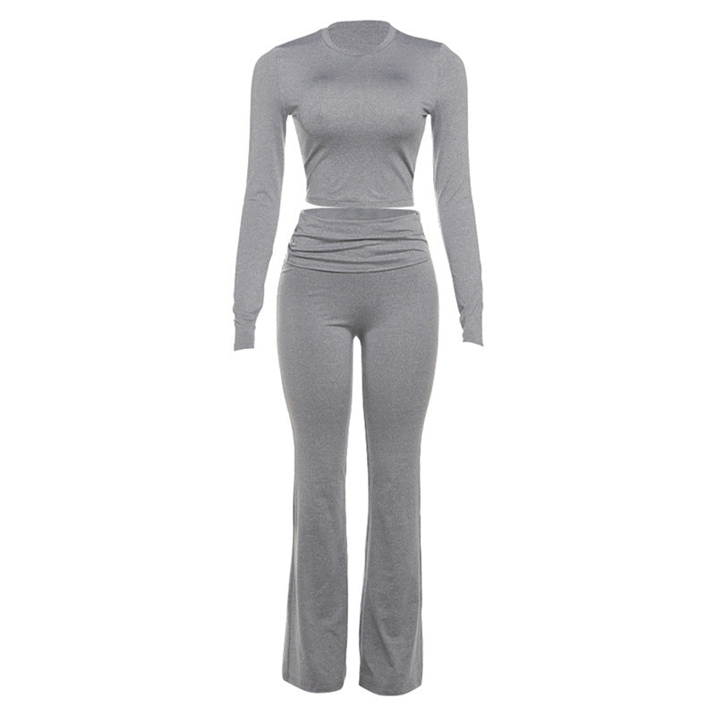 shoes Style Autumn Pure Color Elegant Casual Sports Style High Waist Tight Navel Pants Suit for Women