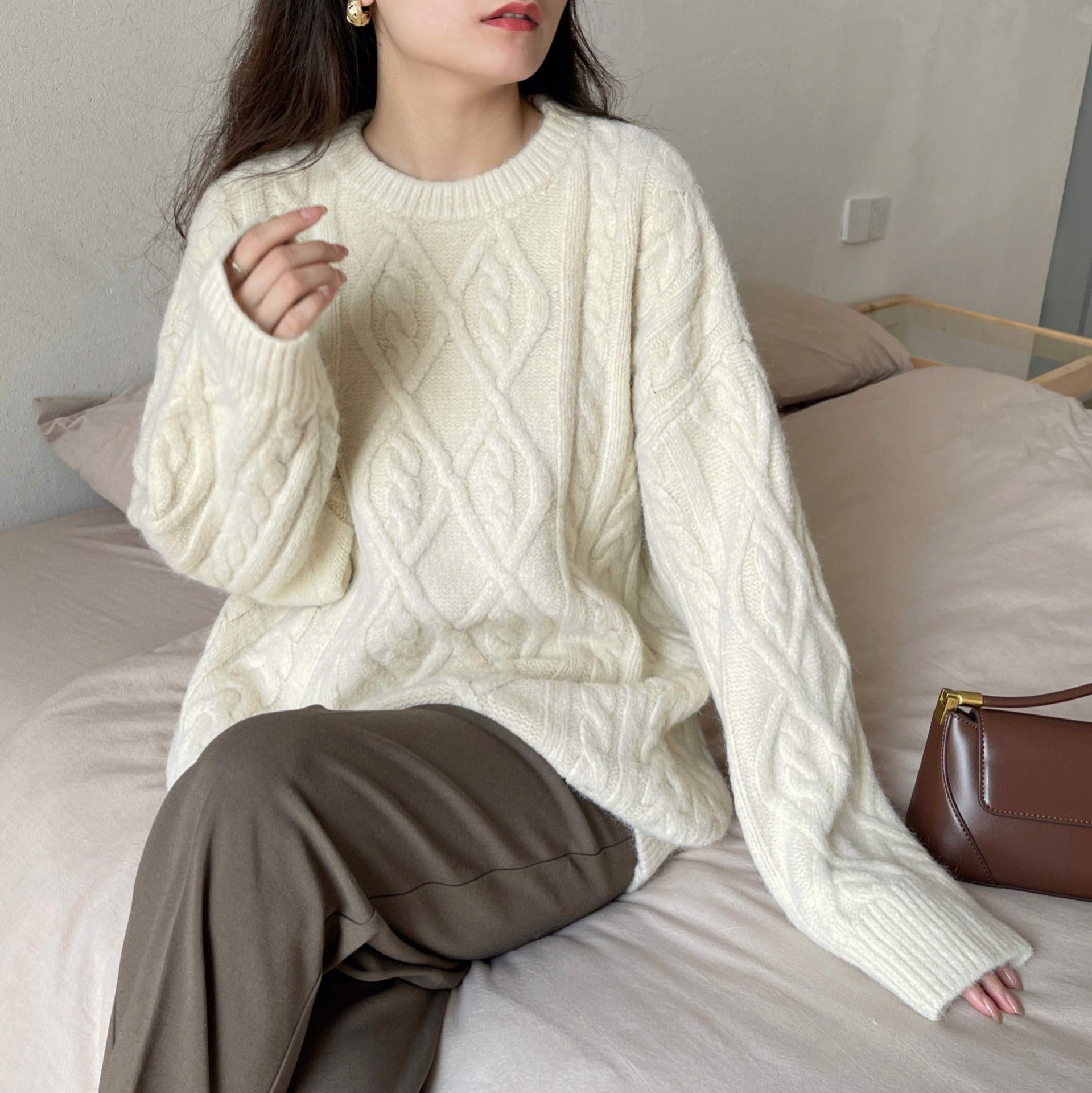 outfit inspo fall Gentle Sweet Style Autumn and Winter Soft Glutinous All-Match round Neck Twist Loose Pullover Sweater Outer Wear Sweater Top