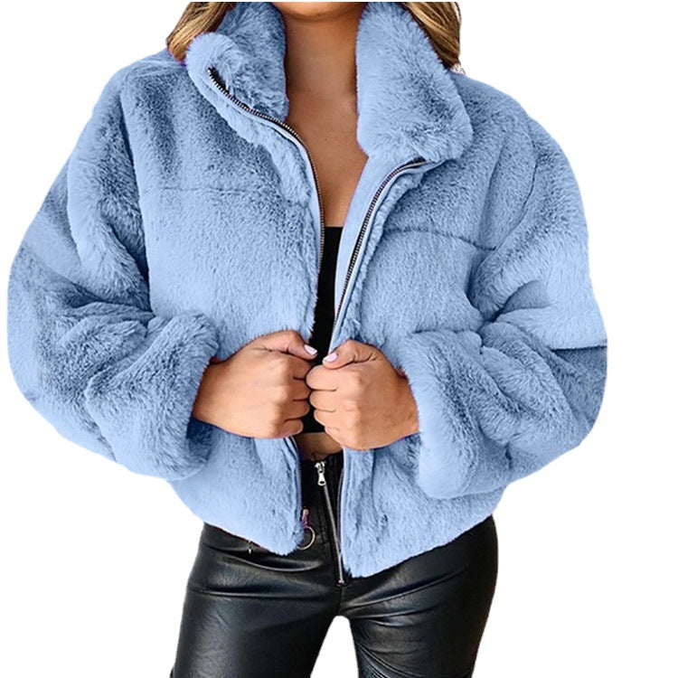 Women's Autumn and Winter Rabbit Fur Faux Fur Zipper Cardigan Plush Warm Coat