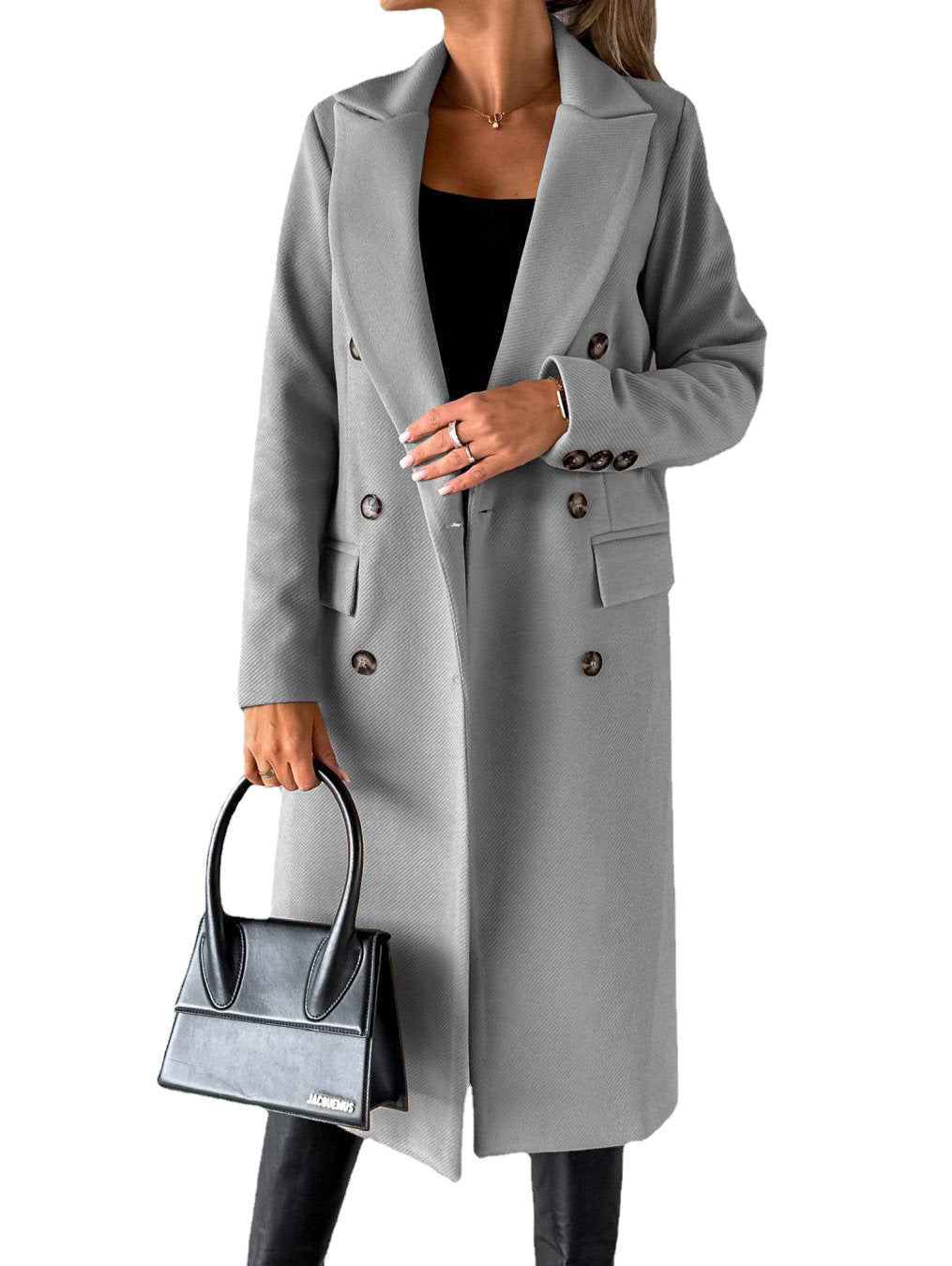 Autumn and Winter New Women's Long-Sleeved Lapel Solid Color Double-Breasted Slim Jacket Coat
