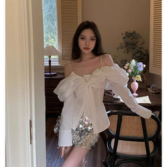 fall outfits Butterfly Shirt Wear off-Shoulder Bow Shirt