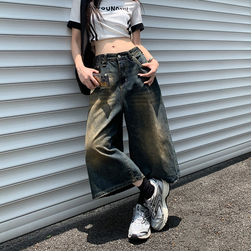 2000s fashion Wide Leg Denim Middle Pants Women's New Retro High Waist Loose Slimming Street Cropped Pants