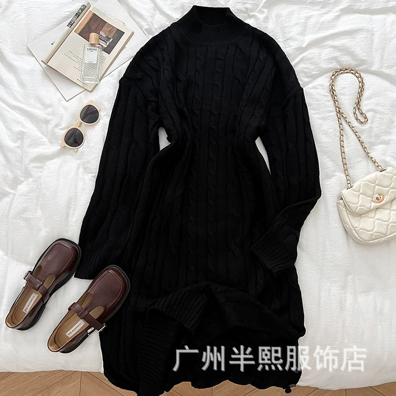 long sweater dress outfit Lazy Style Thick Twist over-the-Knee Sweater Dress Women's Winter Mid-Length round Neck Thickened Knitted Dress