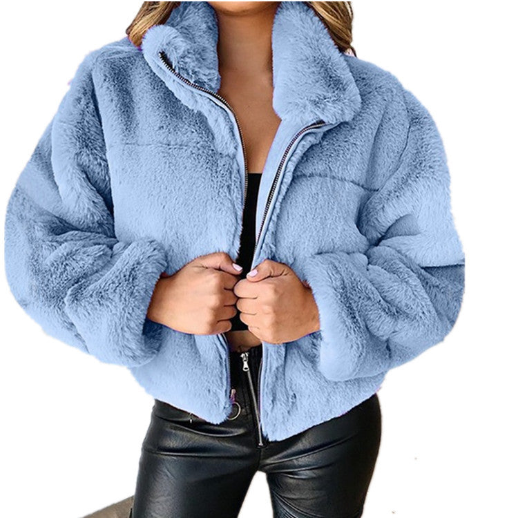 Women's Autumn and Winter Rabbit Fur Faux Fur Zipper Cardigan Plush Warm Coat