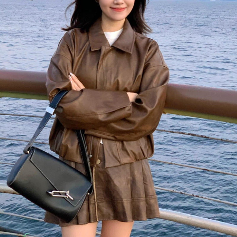 y2k outfits French Style Small Leather Coat Suit Women's Autumn Shanggao Ji Sense Loose Jacket Jacket Skirt Two-Piece Suit