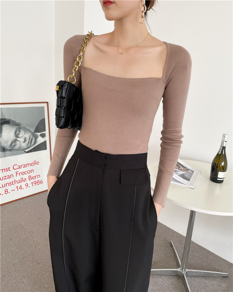 casual outfits Paper People Autumn Elegant French Retro Square Collar Open Collarbone Slim Slimming Sweater Inner Top