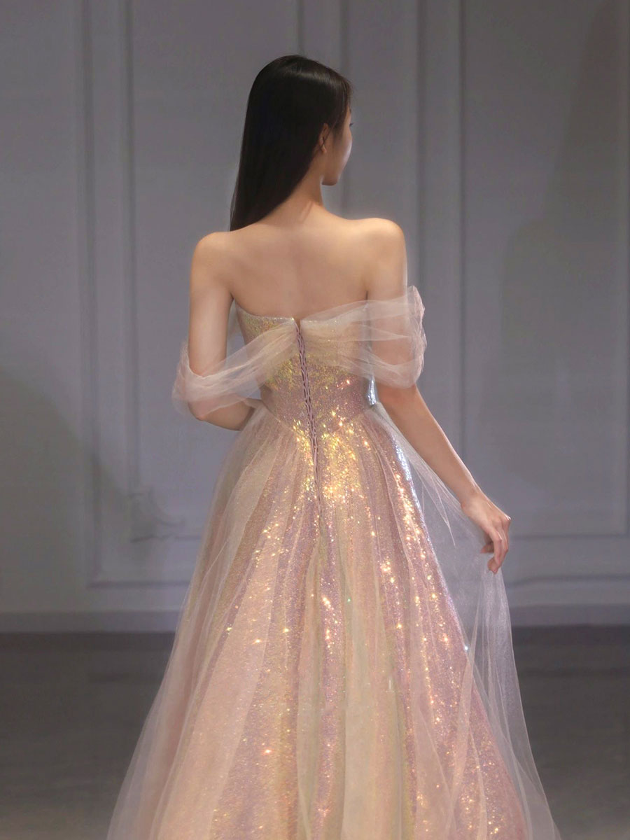 BXOXO A Line Tulle Sequin Long Prom Dress, Off Shoulder Formal Graduation Dress