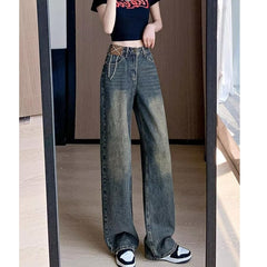 guys clothing styles American Retro Distressed Washed Jeans Women's Autumn Draping Straight Trousers Loose Slimming Wide-Leg Pants Fashion
