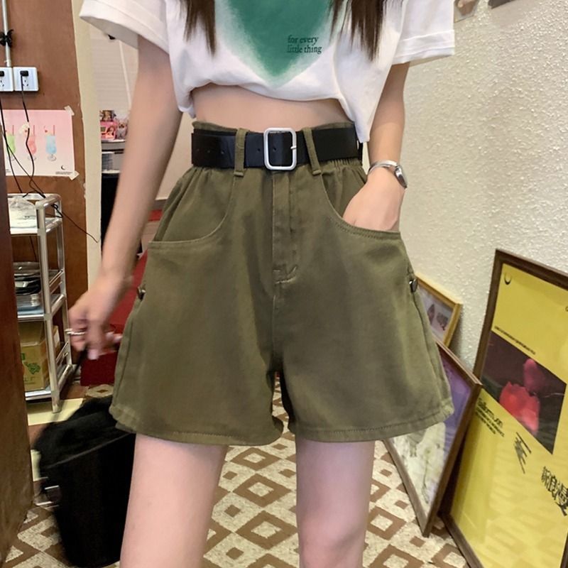 y2k outfits Flanging Denim Shorts Women's Summer New Retro Hong Kong Style High Waist Slimming Word Curling Overalls Pants