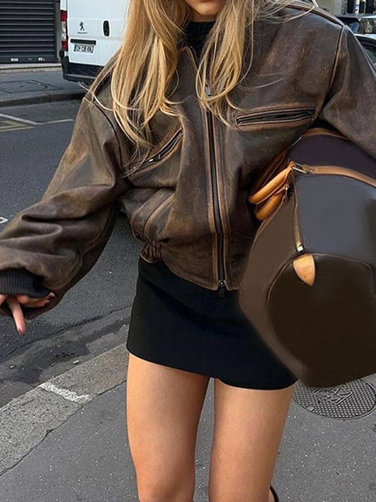 bomber jacket New Loose Retro American Coat Brown Lapel Short Motorcycle Jacket Casual Street Leather Coat