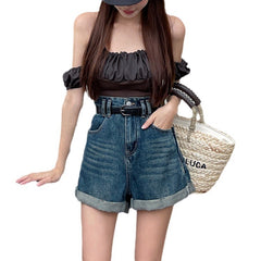 casual dinner outfit fall High-Quality Denim Shorts Women's Summer Trendy New High Waist Curling Loose Slimming Shorts Women