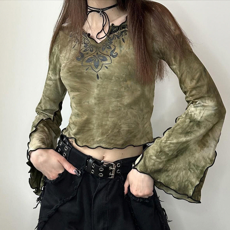 concert outfit Mori Vintage Tie-Dyed Tribal Print Curling Bell Sleeve Short Top Niche V-neck Slim-Fit Navel Slimming Long Sleeve