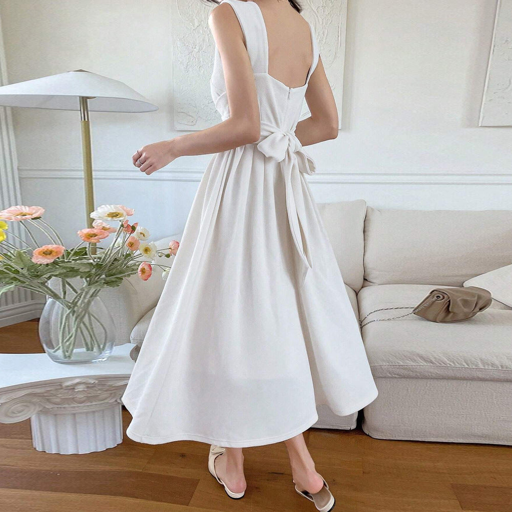 cybergoth dress to impress Summer New Sleeveless Waist Solid Color Square Collar Dress Women's Design Sense Niche Slim A- line Midi Dress