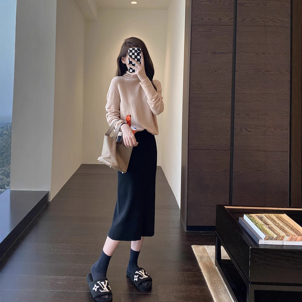 business casual outfits Solid Wear Match Elegant High Waist Slimming Sheath Skirt Knitted Skirt Women's Skirt Autumn and Winter