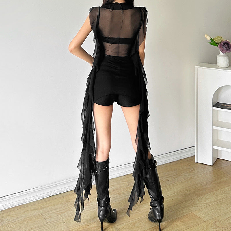 concert outfit Style Summer New Women's Sexy Slimming Wavy Mesh Transparent Irregular Vest