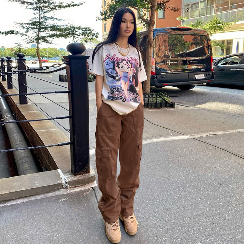 college outfits Women's Street Fashion Multi-Pocket Workwear Straight Trousers High Waist Slimming Loose Khaki Jeans for Women