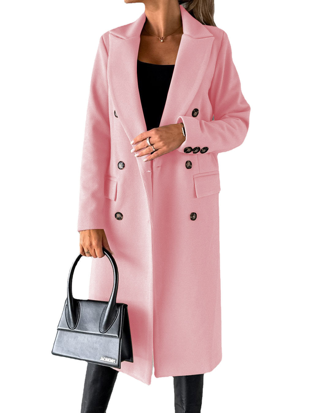 Autumn and Winter New Women's Long-Sleeved Lapel Solid Color Double-Breasted Slim Jacket Coat
