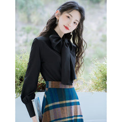 outfit ideas Autumn and Winter French Style Bow Artistic Top Women's High Waist Retro Plaid Woolen Skirt Two-Piece Set