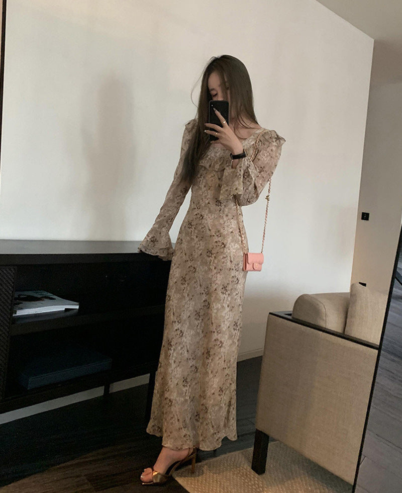 dresses French Retro Floral Chiffon Dress Women's Summer Slimming Ruffled Bell Sleeve Long Dress