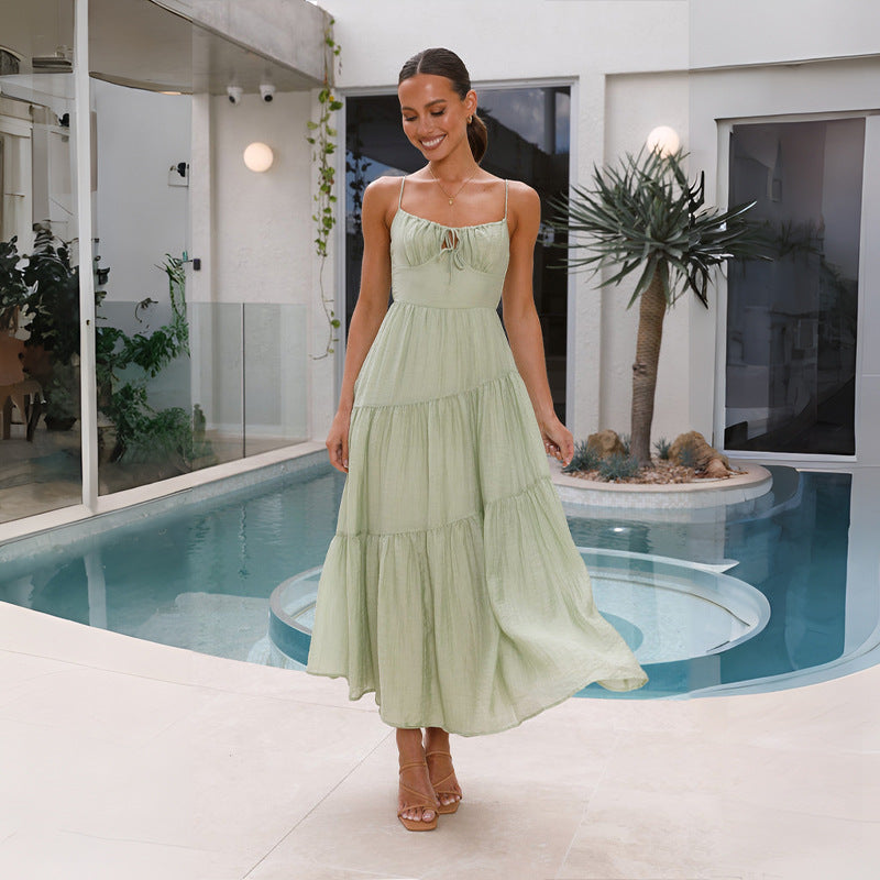 church outfit Women's Stitching Strap Long Backless Lace-up Large Swing Dress with Lining