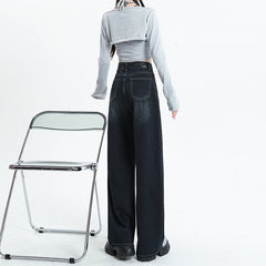 90s fashion Blue and Gray Wide-Leg Jeans for Women Spring and Autumn New High Waist Straight Loose Mop Pants American Retro