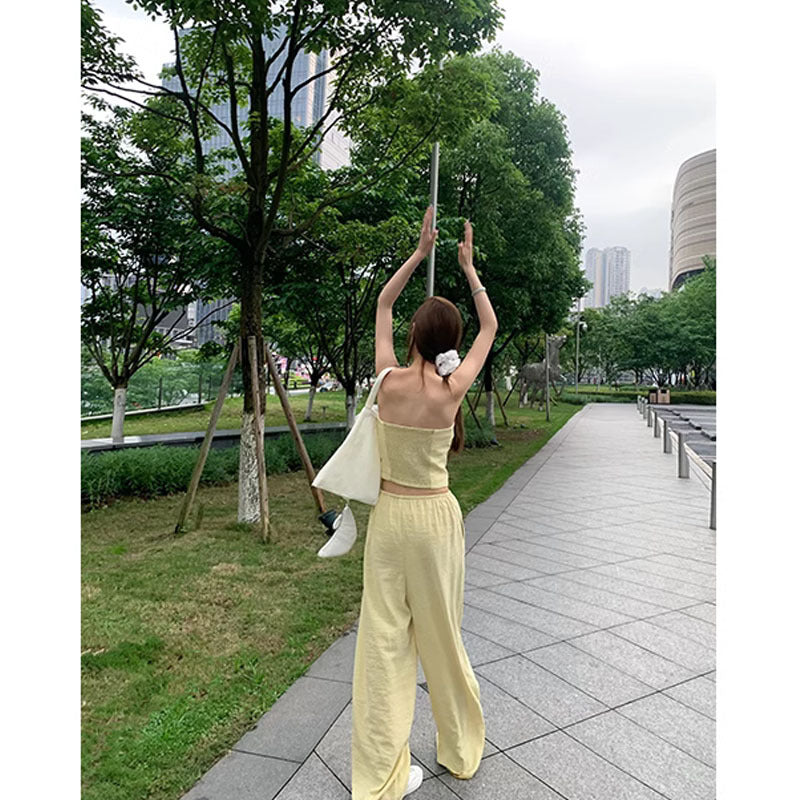 first day of school outfit summer Old Qian Style Tube Top Mop Pants Suit Cotton Linen Wide Leg Pants Casual Pants Women's Summer Design Sense Niche 2-Piece Suit