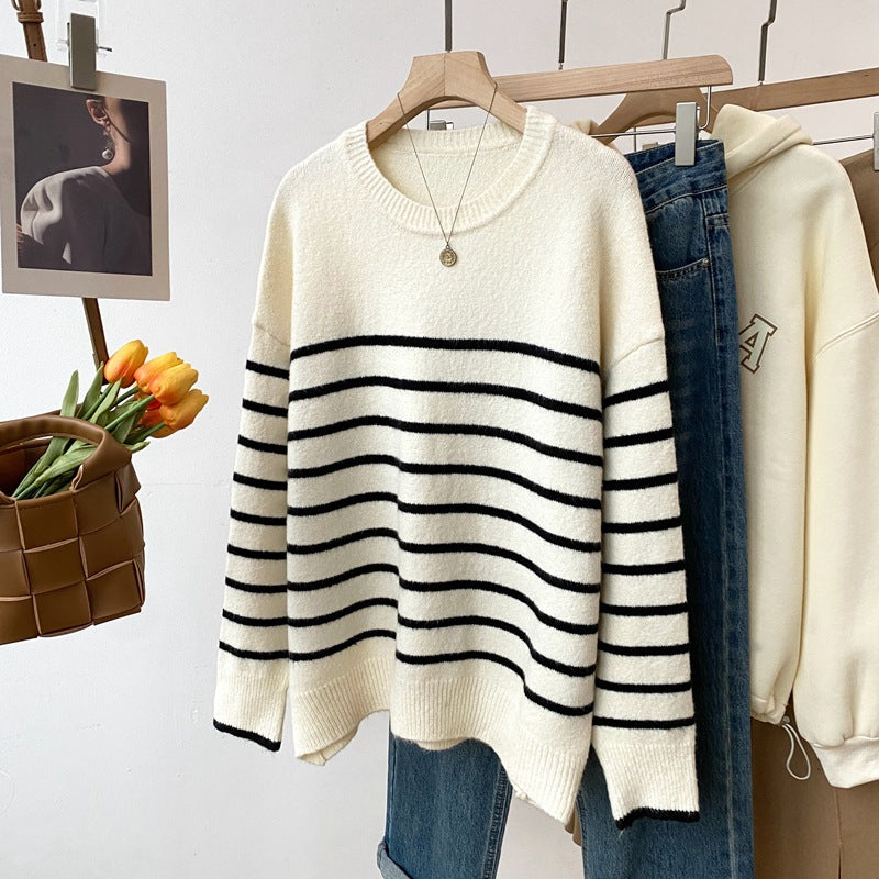 style Autumn and Winter New Korean Style round Neck Striped Sweater Glutinous Rice Velvet Skin-Friendly Anti-Pilling Loose Lazy Top