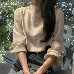 fall outfits 2024 Chic Early Spring Simple Solid Color Loose All-Match Half Turtleneck Puff Sleeve Shirt Women's Western Style Top