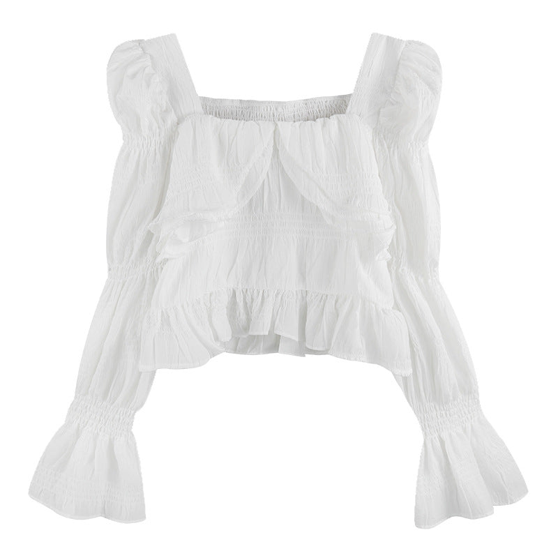 fall outfits women White Bell Sleeve Top Women's Clothing Spring Shirt Ruffled Square Collar Shirt Niche